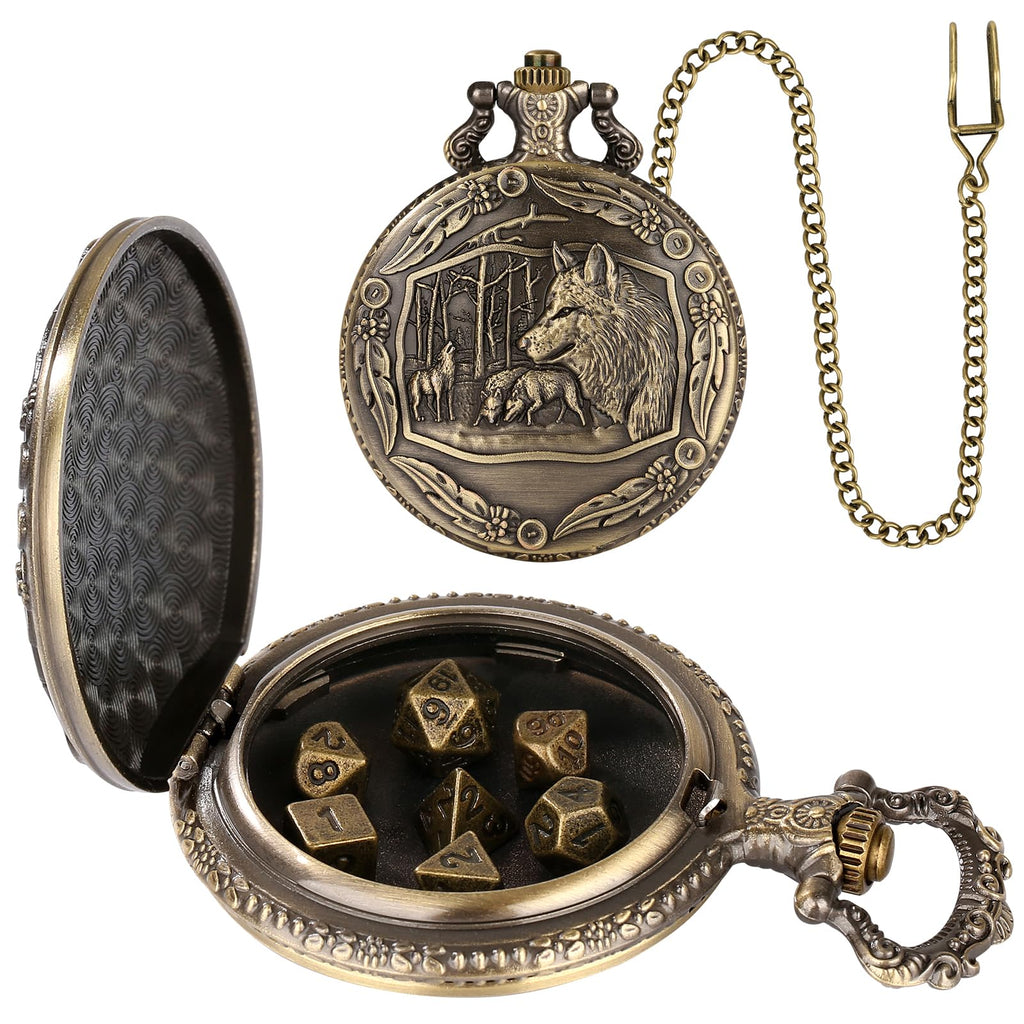 Mini DND Dice Set with Steampunk Wolf Pocket Watch Case – 7 Polyhedral Metal Dice