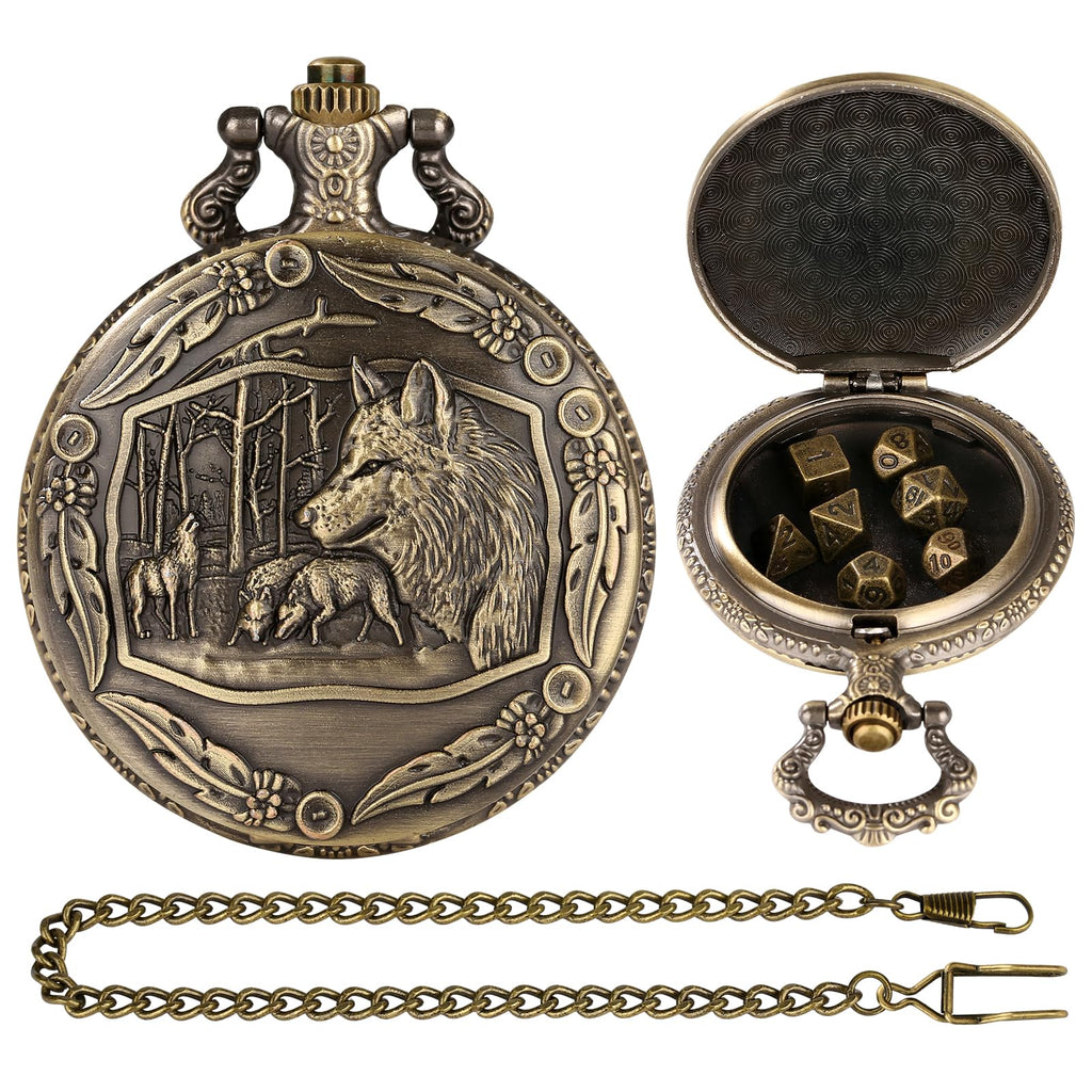 Mini DND Dice Set with Steampunk Wolf Pocket Watch Case – 7 Polyhedral Metal Dice