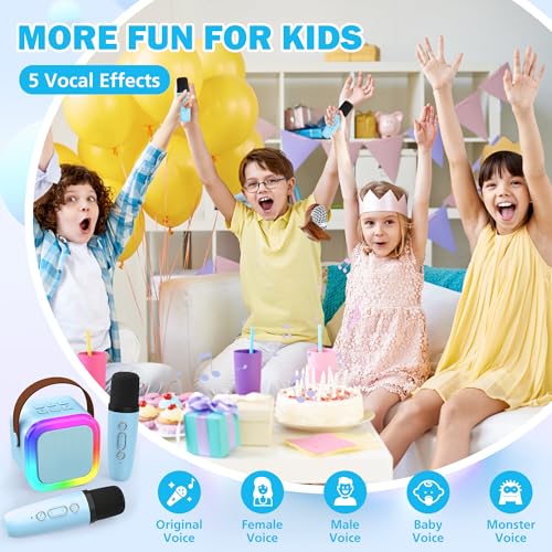 Mini Karaoke Machine for Kids & Adults - Portable Bluetooth Speaker with 2 Wireless Microphones, Blue, Voice Change Effects, LED Lights, 8-Hour Battery, Birthday Gift for Girls Ages 4-12+