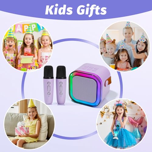 Mini Karaoke Machine for Kids with 2 Wireless Mics and 5 Voice Effects, Purple
