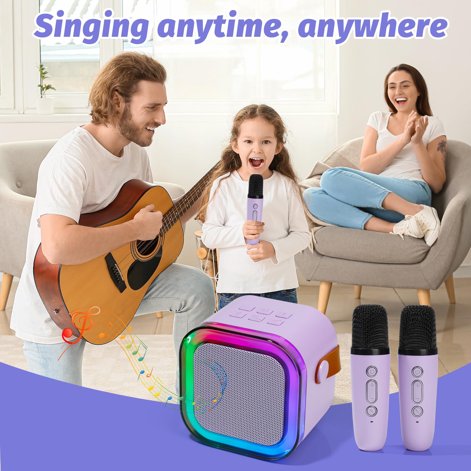 Mini Karaoke Machine for Kids with 2 Wireless Mics and 5 Voice Effects, Purple