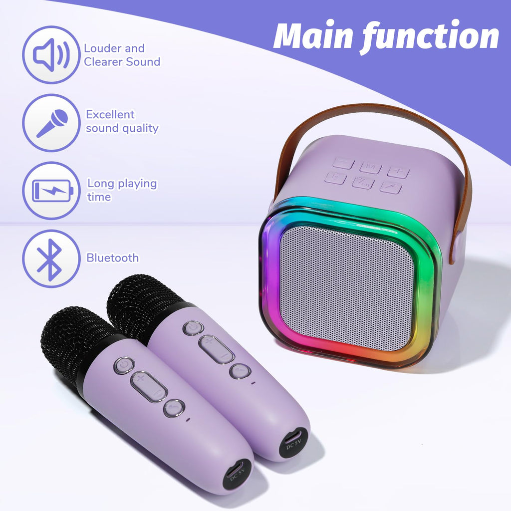 Mini Karaoke Machine for Kids with 2 Wireless Mics and 5 Voice Effects, Purple