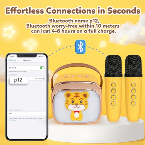 Mini Karaoke Machine for Kids with 2 Wireless Mics, Bluetooth 5.4, Voice Changer, LED Lights - CZTCDP