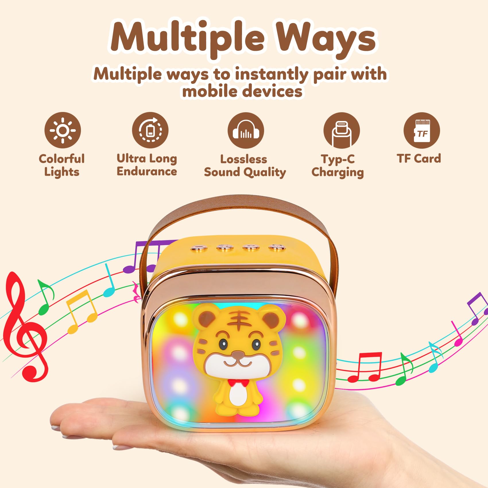 Mini Karaoke Machine for Kids with 2 Wireless Mics, Bluetooth 5.4, Voice Changer, LED Lights - CZTCDP
