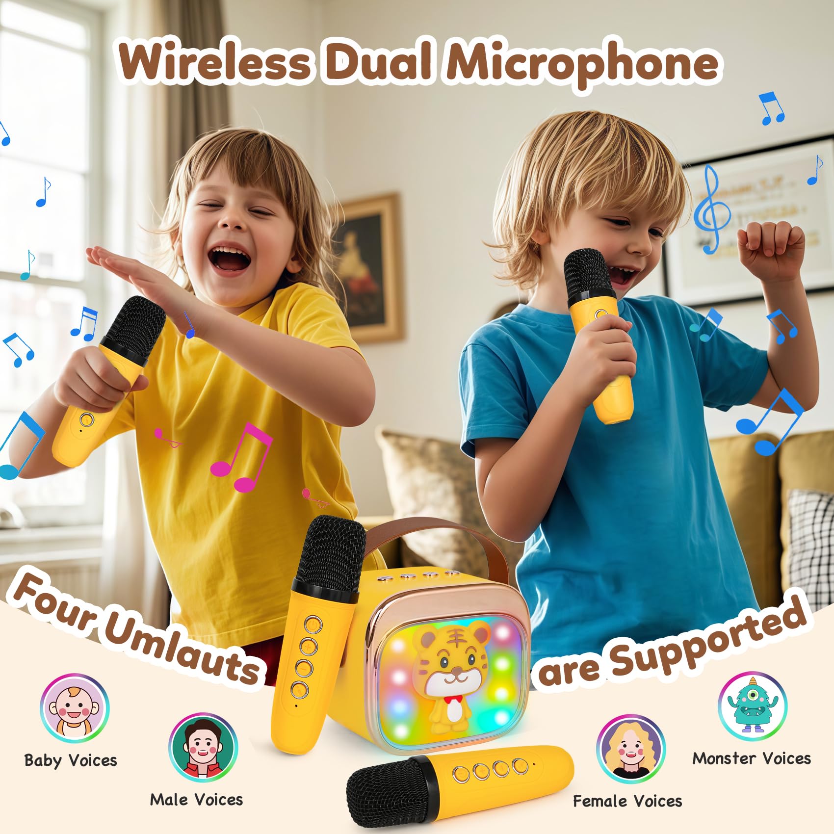 Mini Karaoke Machine for Kids with 2 Wireless Mics, Bluetooth 5.4, Voice Changer, LED Lights - CZTCDP