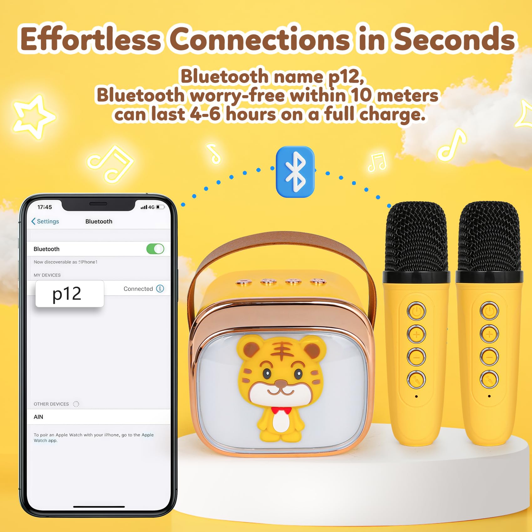 Mini Karaoke Machine for Kids with 2 Wireless Mics, Bluetooth 5.4, Voice Changer, LED Lights - CZTCDP