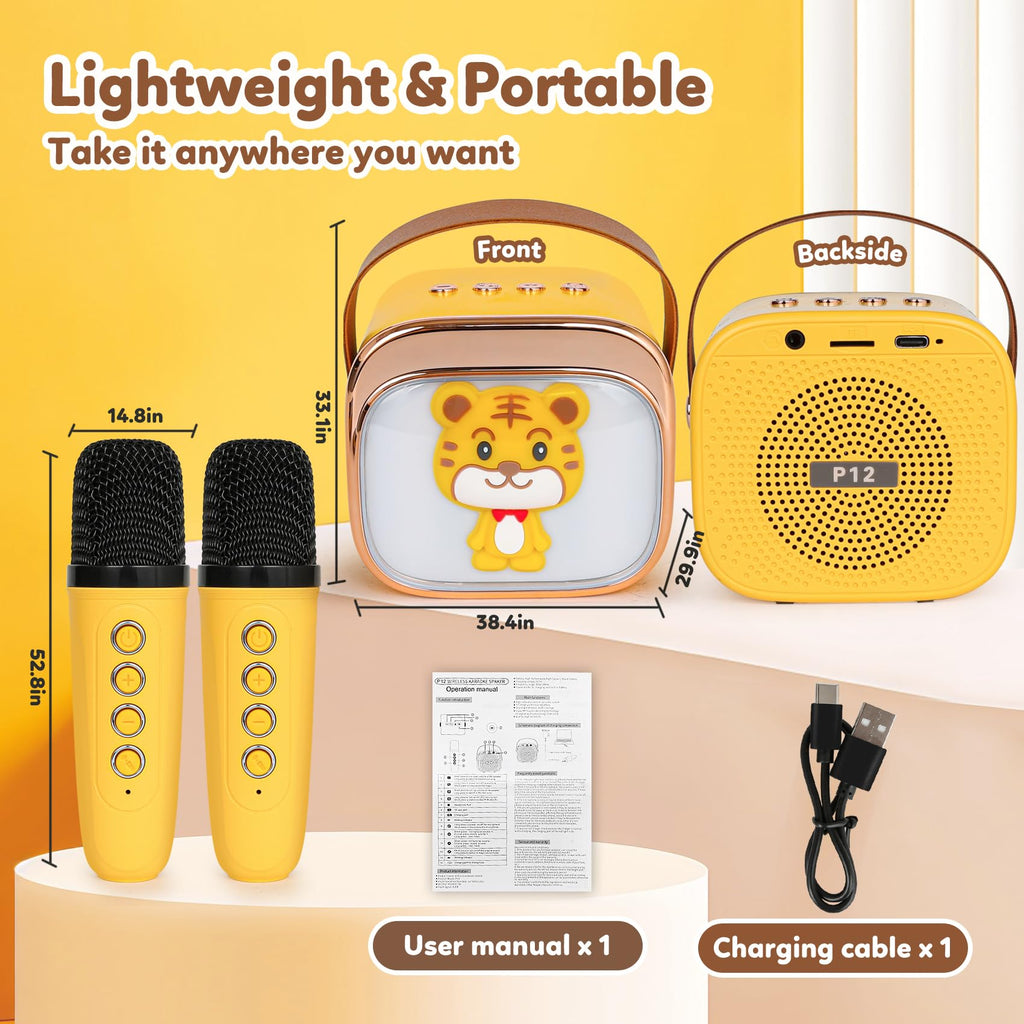 Mini Karaoke Machine for Kids with 2 Wireless Mics, Bluetooth 5.4, Voice Changer, LED Lights - CZTCDP