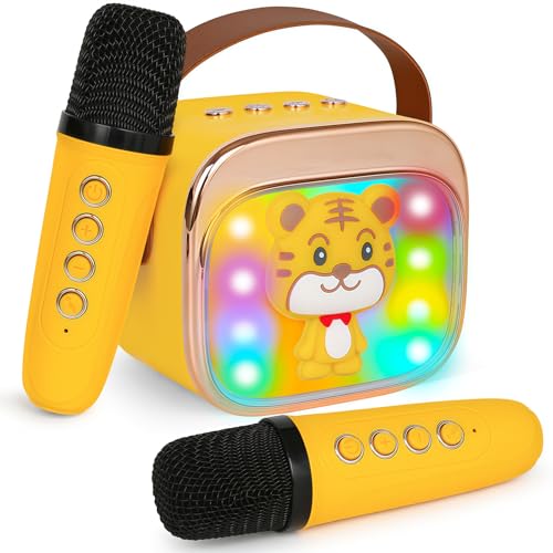 Mini Karaoke Machine for Kids with 2 Wireless Mics, Bluetooth 5.4, Voice Changer, LED Lights - CZTCDP