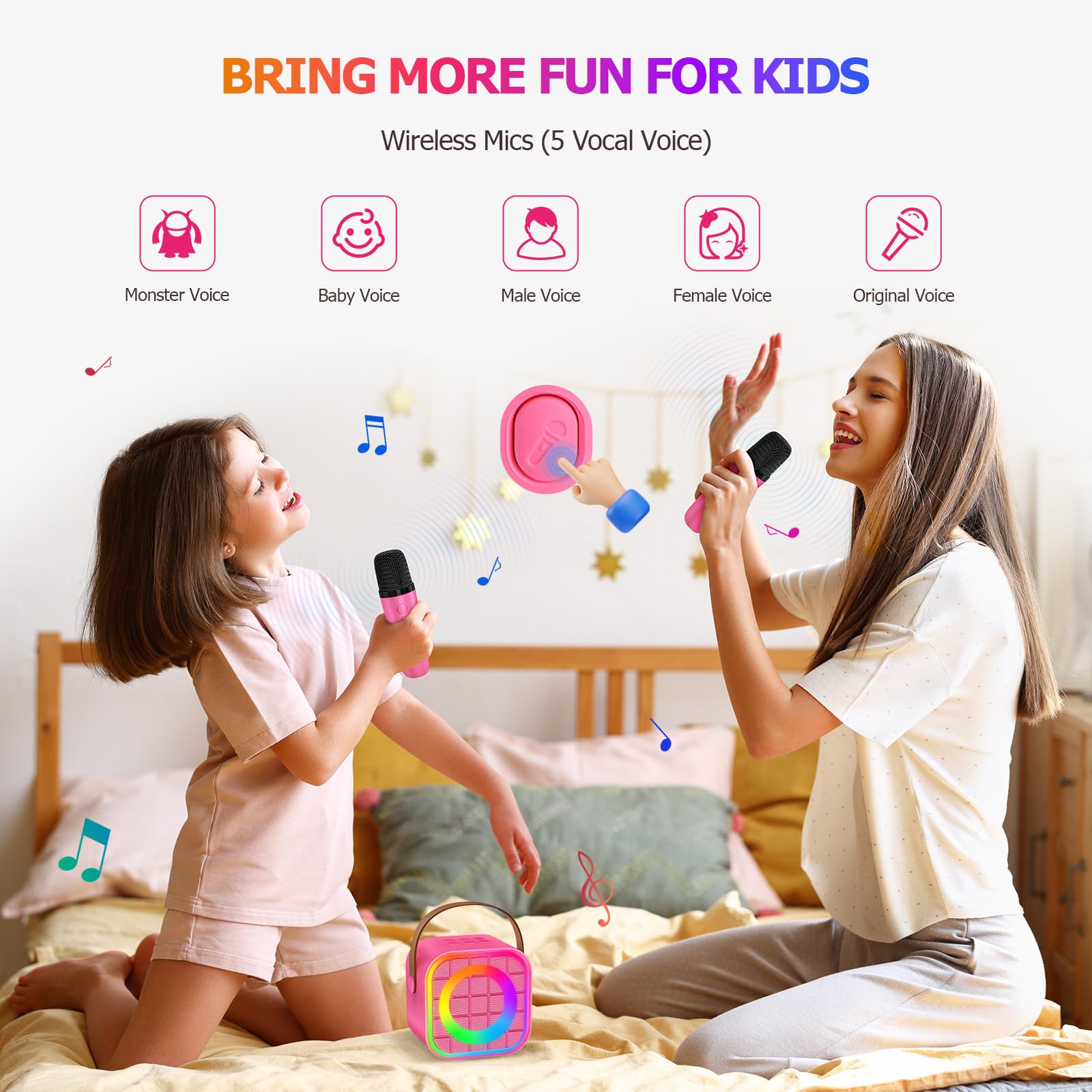 Mini Karaoke Machine for Kids with 2 Wireless Mics – Portable Bluetooth Speaker for Travel, Classroom, & Outdoor Fun