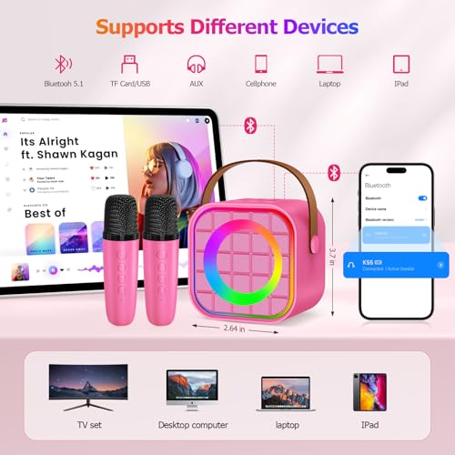 Mini Karaoke Machine for Kids with 2 Wireless Mics – Portable Bluetooth Speaker for Travel, Classroom, & Outdoor Fun