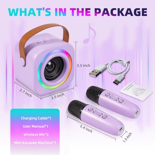 Mini Karaoke Machine for Kids with 2 Wireless Mics, Purple - Safe, Portable, Rechargeable | EGivwcvic