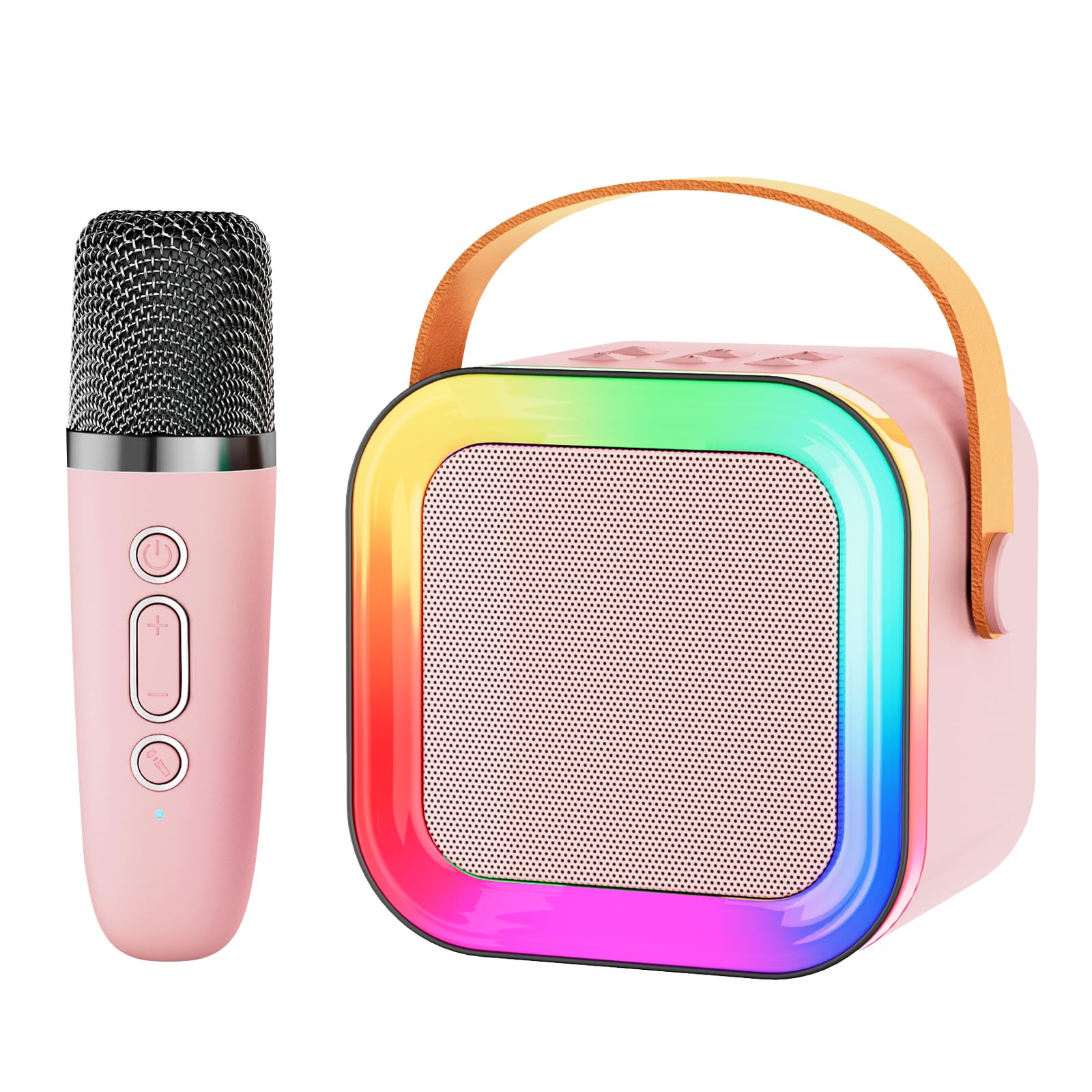 Mini Karaoke Machine Speaker for Kids & Adults – Portable Bluetooth 5.3 with One Wireless Microphone, Colorful Lights, Voice Effects, Pink (1 Mic)