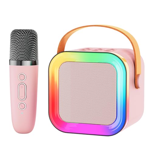 Mini Karaoke Machine Speaker for Kids & Adults – Portable Bluetooth 5.3 with One Wireless Microphone, Colorful Lights, Voice Effects, Pink (1 Mic)