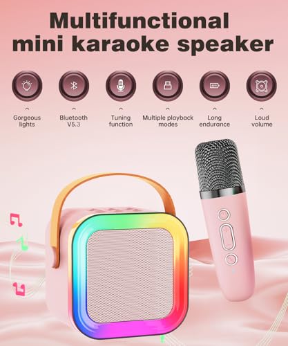 Mini Karaoke Machine Speaker for Kids & Adults – Portable Bluetooth 5.3 with One Wireless Microphone, Colorful Lights, Voice Effects, Pink (1 Mic)