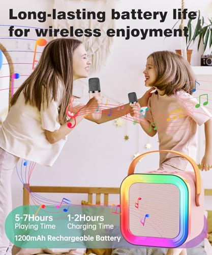 Mini Karaoke Machine Speaker for Kids & Adults – Portable Bluetooth 5.3 with One Wireless Microphone, Colorful Lights, Voice Effects, Pink (1 Mic)
