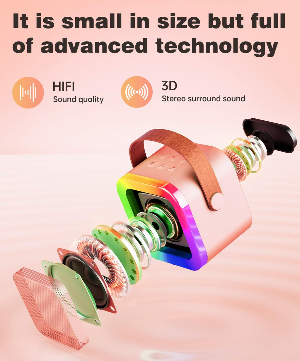 Mini Karaoke Machine Speaker for Kids & Adults – Portable Bluetooth 5.3 with One Wireless Microphone, Colorful Lights, Voice Effects, Pink (1 Mic)