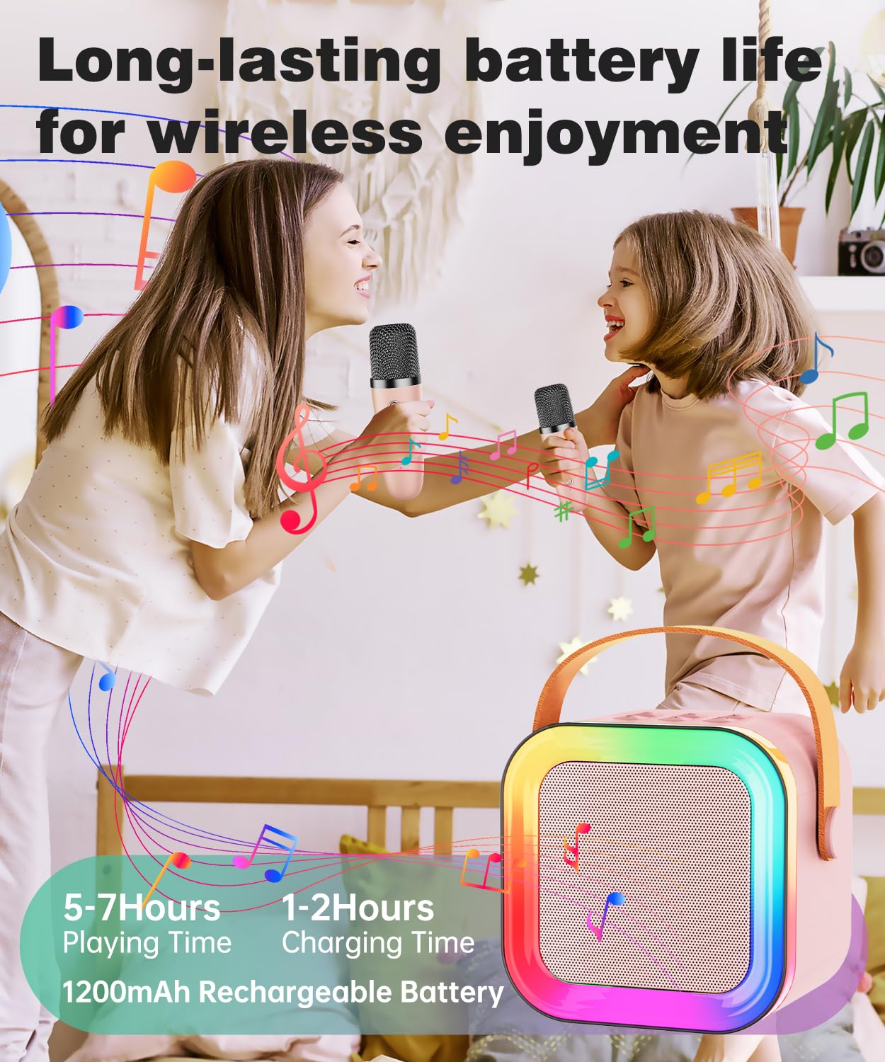 Mini Karaoke Machine Speaker for Kids & Adults – Portable Bluetooth 5.3 with One Wireless Microphone, Colorful Lights, Voice Effects, Pink (1 Mic)