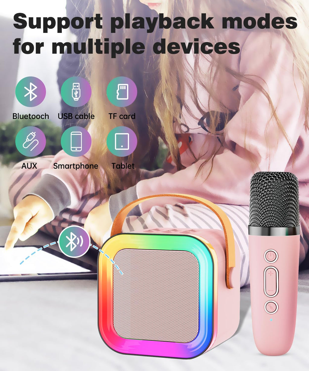 Mini Karaoke Machine Speaker for Kids & Adults – Portable Bluetooth 5.3 with One Wireless Microphone, Colorful Lights, Voice Effects, Pink (1 Mic)
