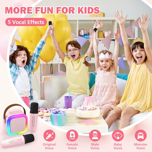 Mini Karaoke Machine with 2 Wireless Microphones, Portable Bluetooth Speaker for Kids Ages 4-12+, Pink LED Light Toy for Family Party, Gift for Girls
