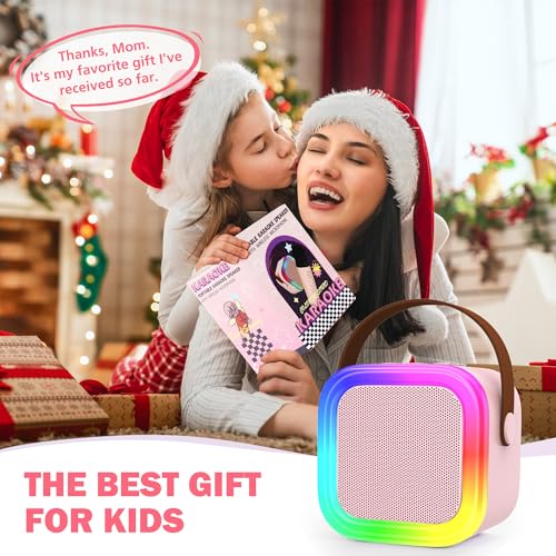 Mini Karaoke Machine with 2 Wireless Microphones, Portable Bluetooth Speaker for Kids Ages 4-12+, Pink LED Light Toy for Family Party, Gift for Girls