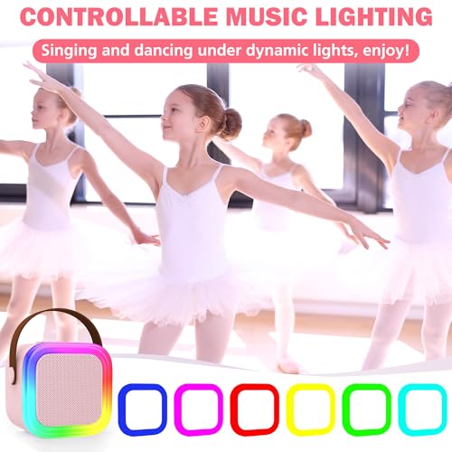 Mini Karaoke Machine with 2 Wireless Microphones, Portable Bluetooth Speaker for Kids Ages 4-12+, Pink LED Light Toy for Family Party, Gift for Girls