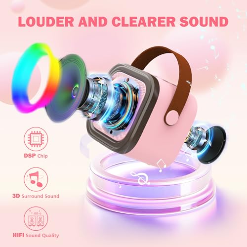 Mini Karaoke Machine with 2 Wireless Microphones, Portable Bluetooth Speaker for Kids Ages 4-12+, Pink LED Light Toy for Family Party, Gift for Girls