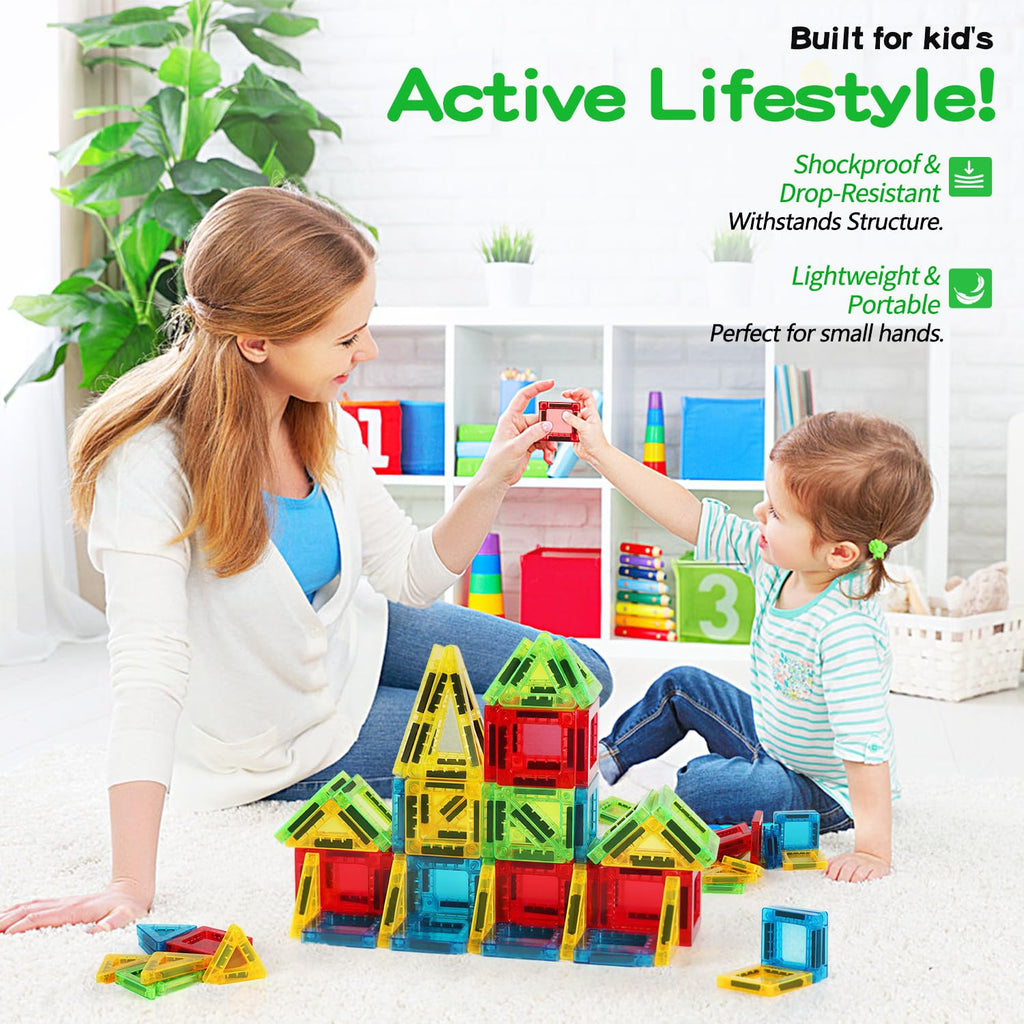 Mini Magnetic Tiles Travel Set – 56-Piece STEM Toy with Metal Storage Box, Gift for Kids Ages 3-12