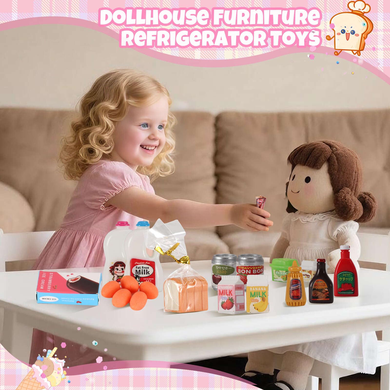 Mini Refrigerator Toy with 41+ Food Accessories – Realistic Dollhouse Kitchen Playset for Kids