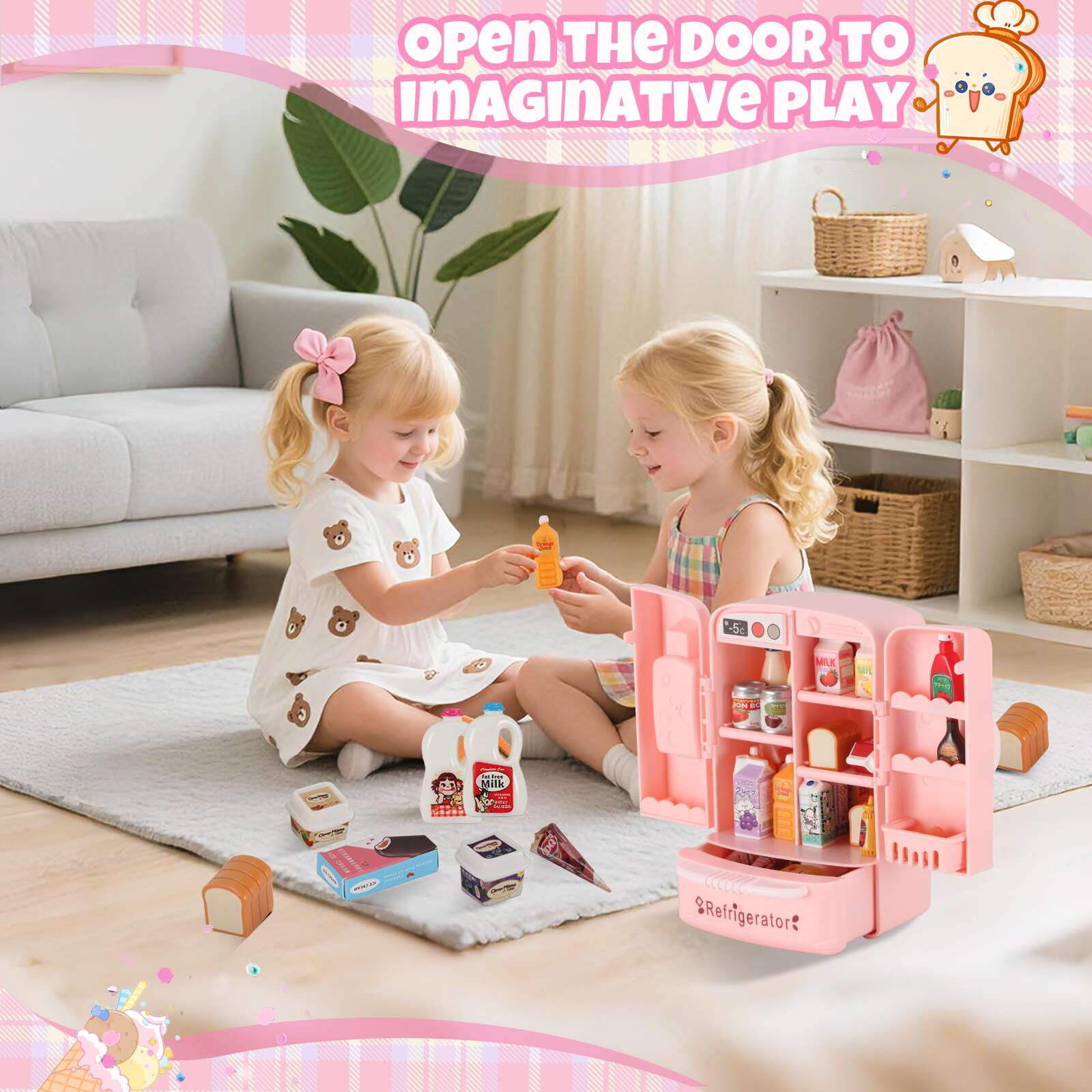 Mini Refrigerator Toy with 41+ Food Accessories – Realistic Dollhouse Kitchen Playset for Kids