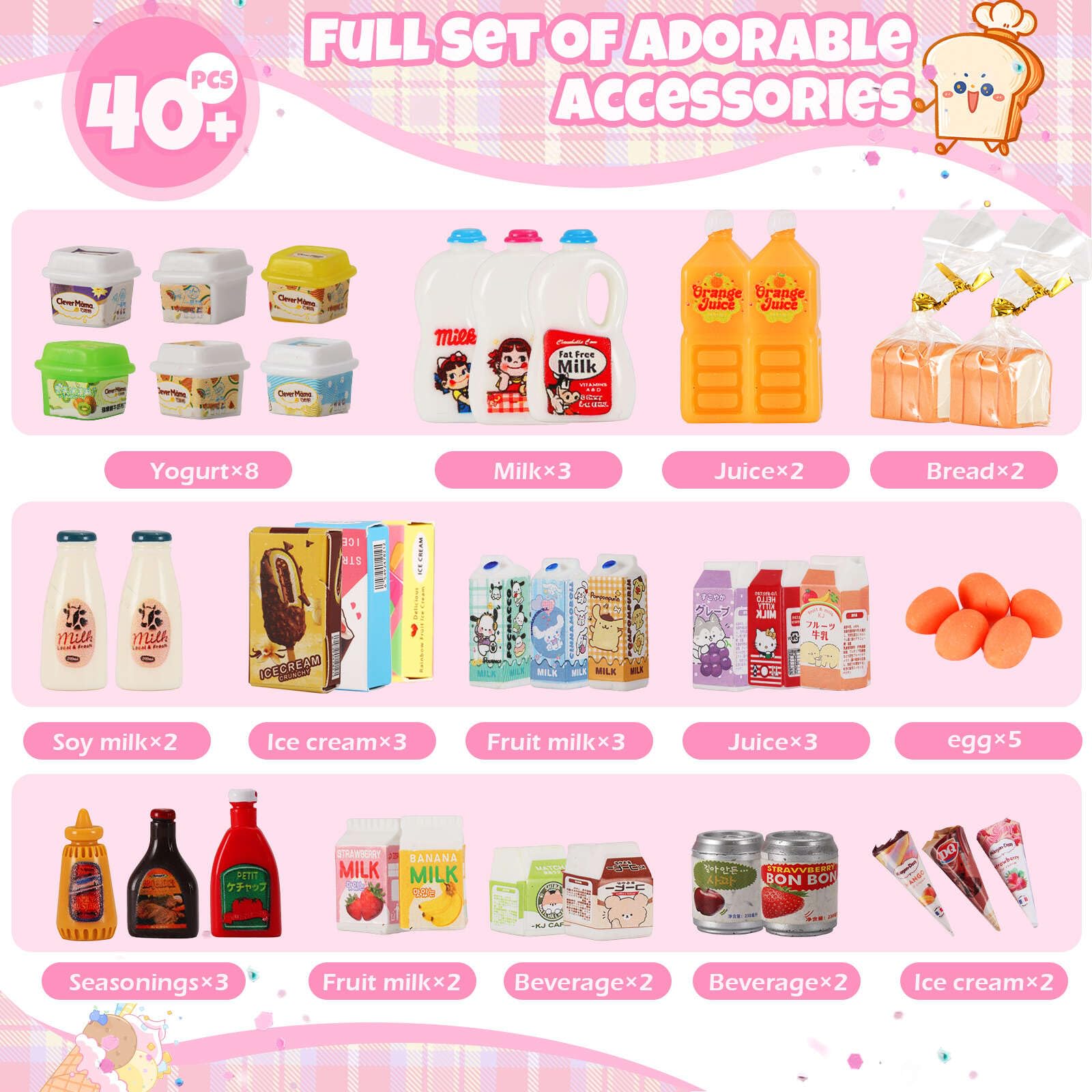 Mini Refrigerator Toy with 41+ Food Accessories – Realistic Dollhouse Kitchen Playset for Kids