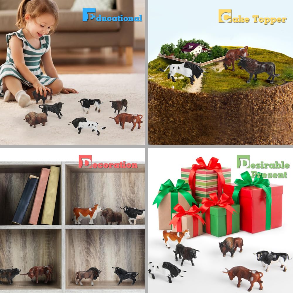 Mini Tudou 12-Piece Farm Animal Figurines Set - Hand-Painted Cow & Bull Toys for Kids Ages 3-5, Cake Toppers & Educational Playset