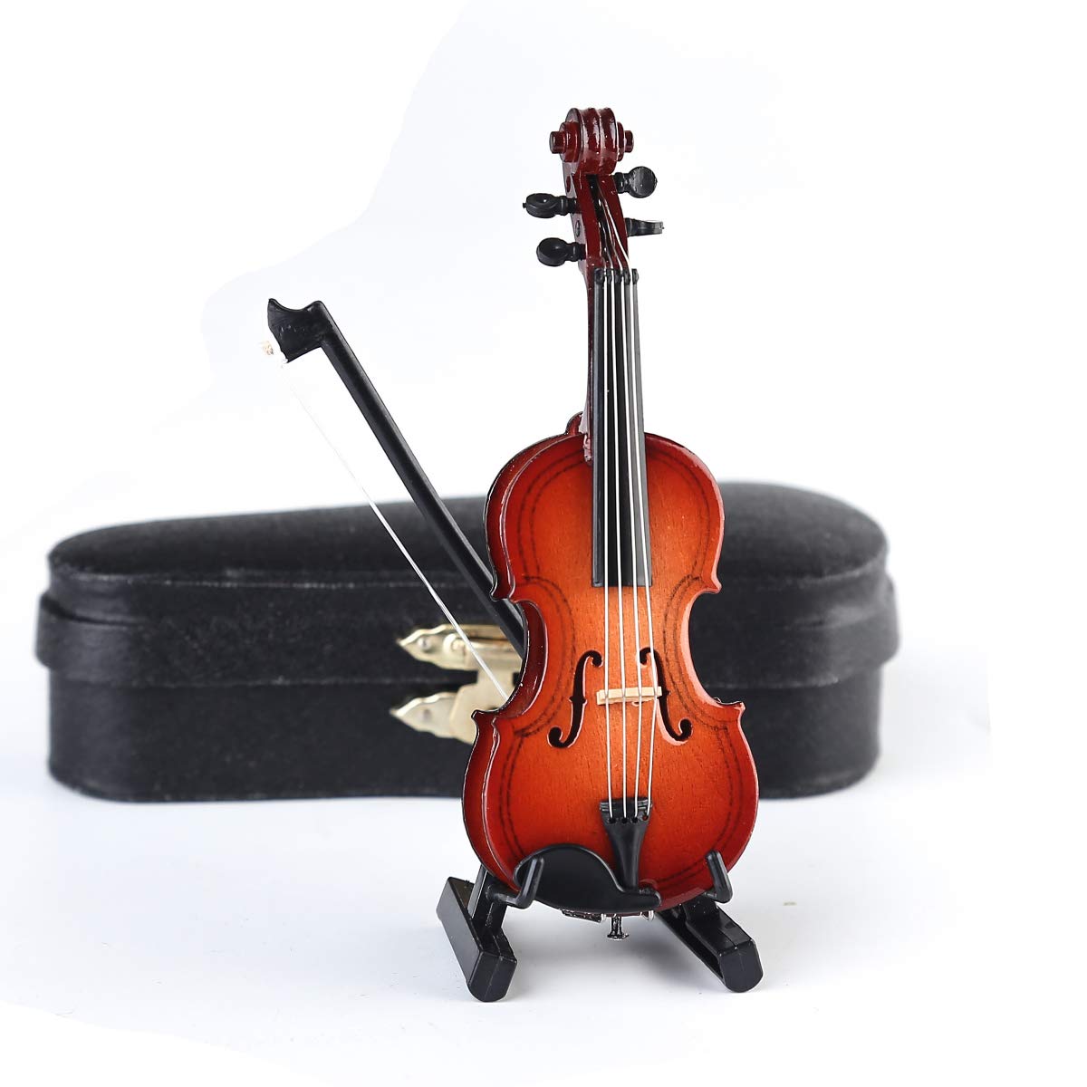 Mini Wooden Violin Replica with Stand, Bow, and Velvet Case – 10cm Decorative Collectible