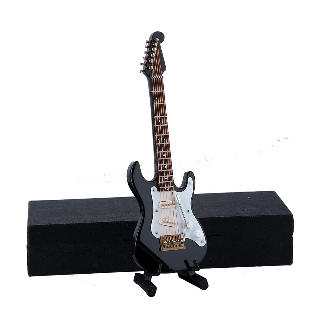 Miniature Electric Guitar Replica - Black, 5.49” Wooden Model with Stand and Case