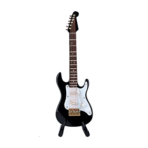 Miniature Electric Guitar Replica - Black, 5.49” Wooden Model with Stand and Case