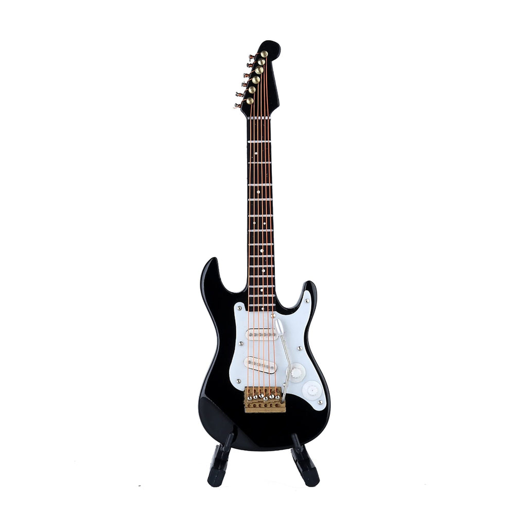 Miniature Electric Guitar Replica - Black, 5.49” Wooden Model with Stand and Case
