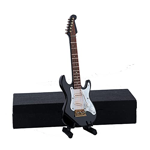 Miniature Electric Guitar Replica - Black, 5.49” Wooden Model with Stand and Case