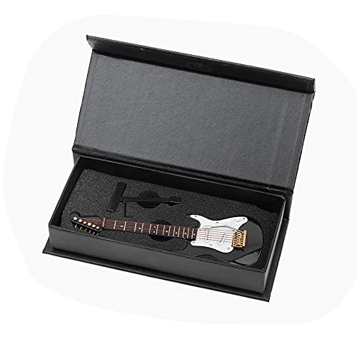 Miniature Electric Guitar Replica - Black, 5.49” Wooden Model with Stand and Case