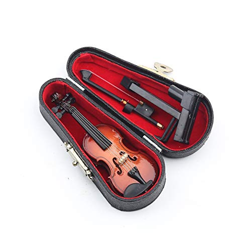Miniature Wooden Violin Replica with Stand, Bow and Case - 3.15" Collectible Dollhouse Decoration (Dselvgvu)
