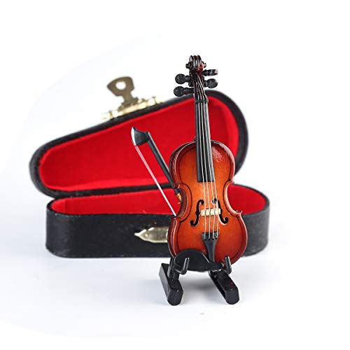 Miniature Wooden Violin Replica with Stand, Bow and Case - 3.15" Collectible Dollhouse Decoration (Dselvgvu)