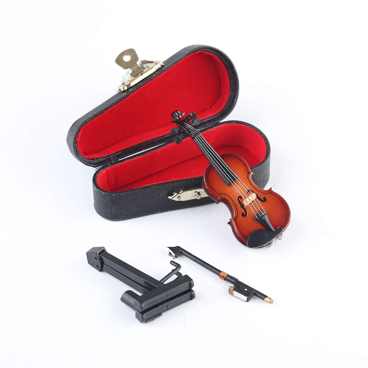 Miniature Wooden Violin Replica with Stand, Bow and Case - 3.15" Collectible Dollhouse Decoration (Dselvgvu)