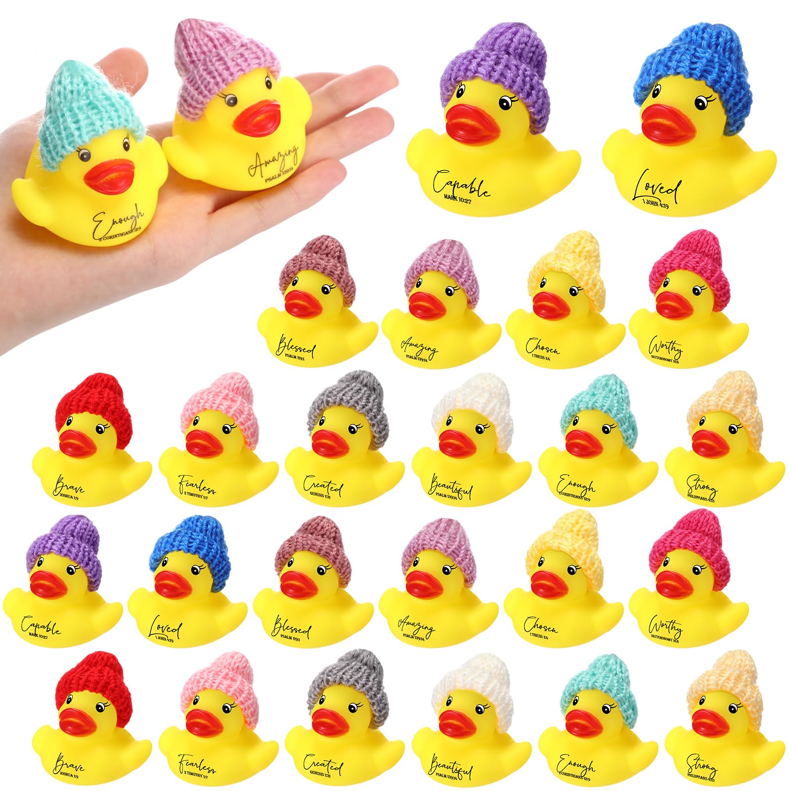 MiniInflat 12 Pack Christian Rubber Ducks with Bible Verses & Knit Hats – Yellow Mini Inspirational Duck Toys for Church Gifts, Party Favors, and More