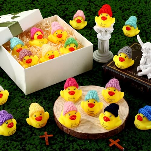 MiniInflat 12 Pack Christian Rubber Ducks with Bible Verses & Knit Hats – Yellow Mini Inspirational Duck Toys for Church Gifts, Party Favors, and More