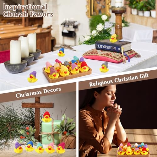 MiniInflat 12 Pack Christian Rubber Ducks with Bible Verses & Knit Hats – Yellow Mini Inspirational Duck Toys for Church Gifts, Party Favors, and More