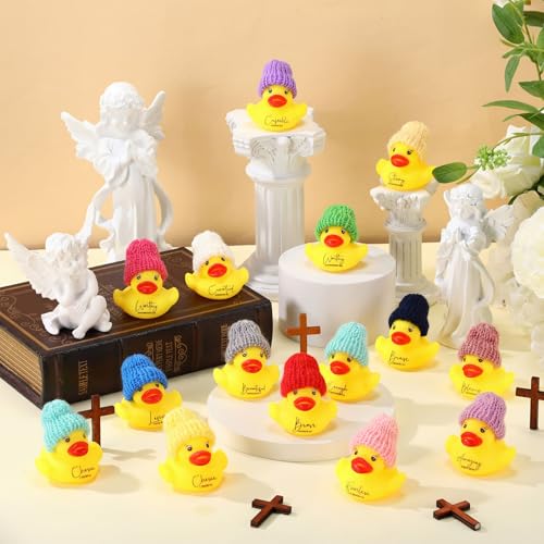 MiniInflat 12 Pack Christian Rubber Ducks with Bible Verses & Knit Hats – Yellow Mini Inspirational Duck Toys for Church Gifts, Party Favors, and More