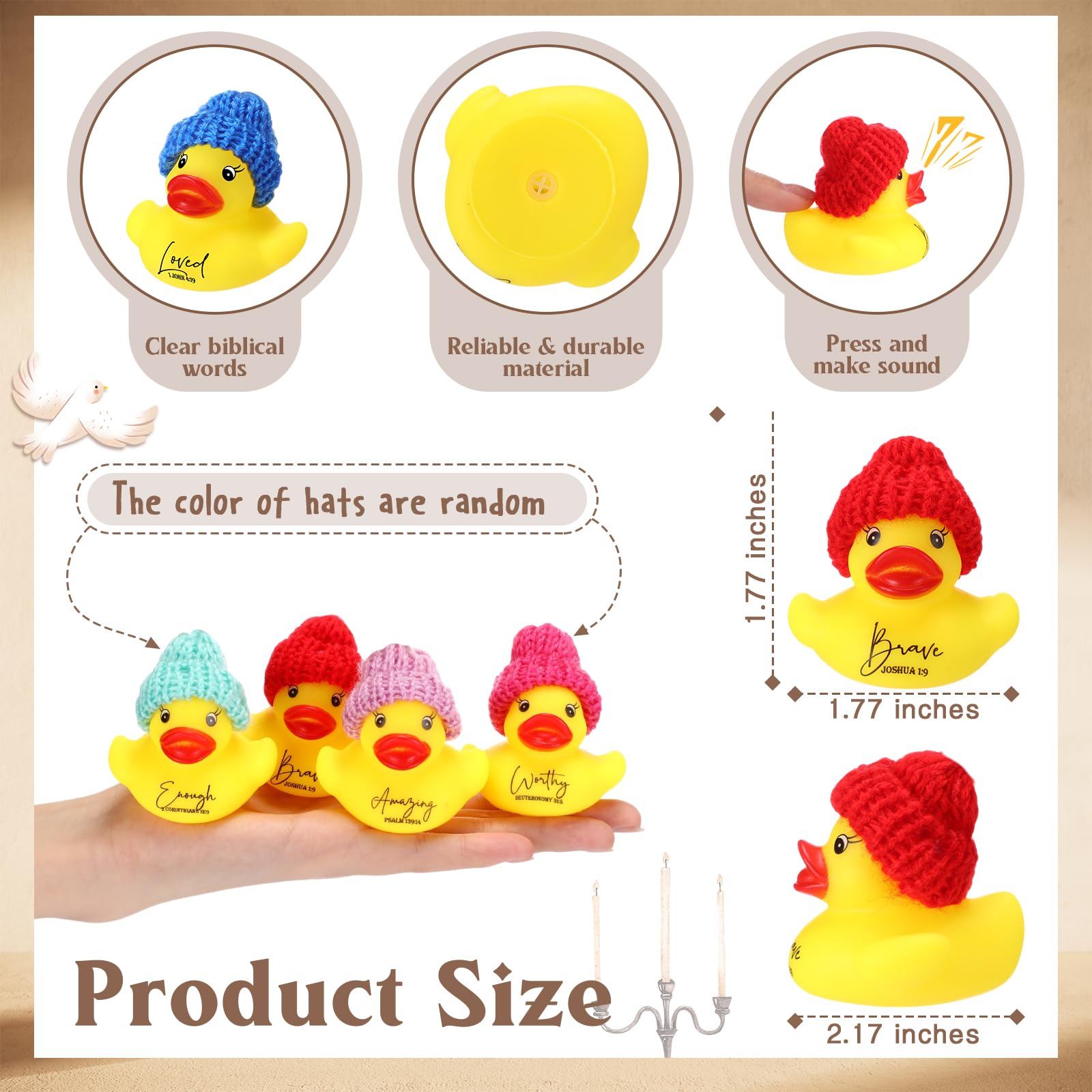 MiniInflat 12 Pack Christian Rubber Ducks with Bible Verses & Knit Hats – Yellow Mini Inspirational Duck Toys for Church Gifts, Party Favors, and More