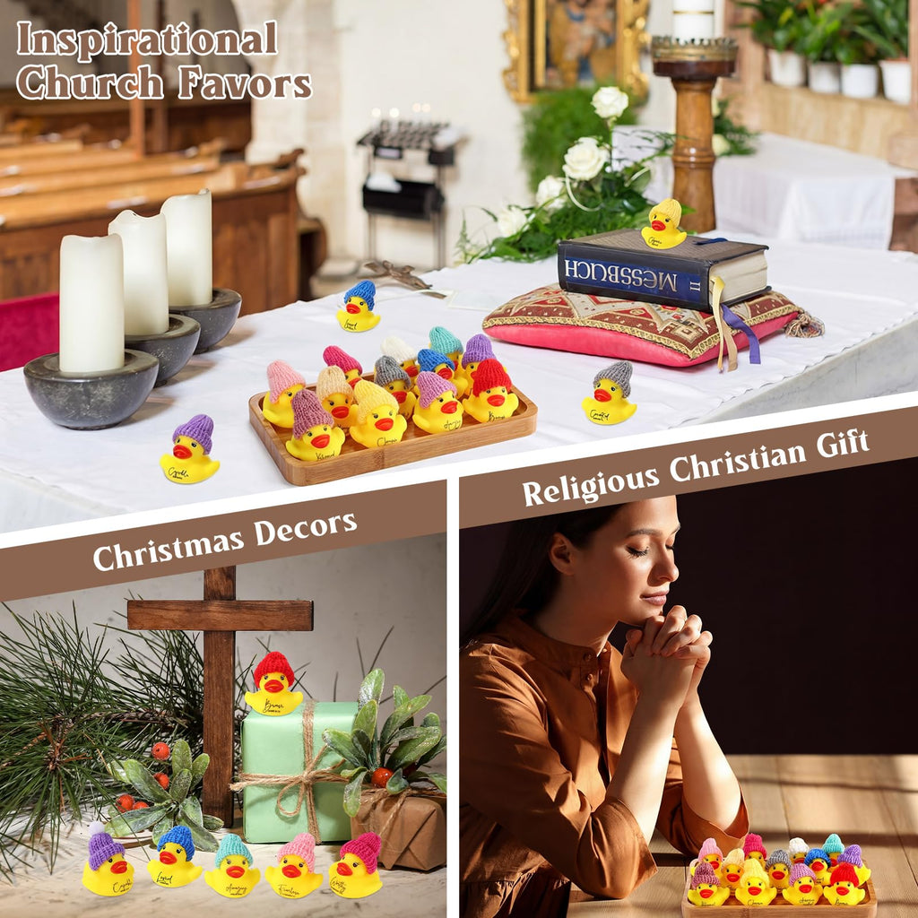 MiniInflat 12 Pack Christian Rubber Ducks with Bible Verses & Knit Hats – Yellow Mini Inspirational Duck Toys for Church Gifts, Party Favors, and More