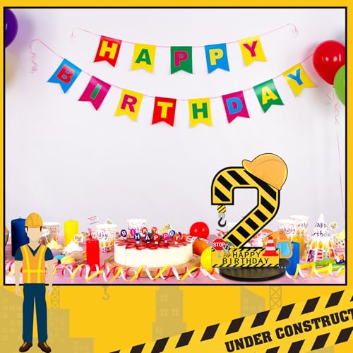 MiniInflat Construction 2nd Birthday Wooden Number Sign Centerpiece with Helmet and Excavator – Yellow