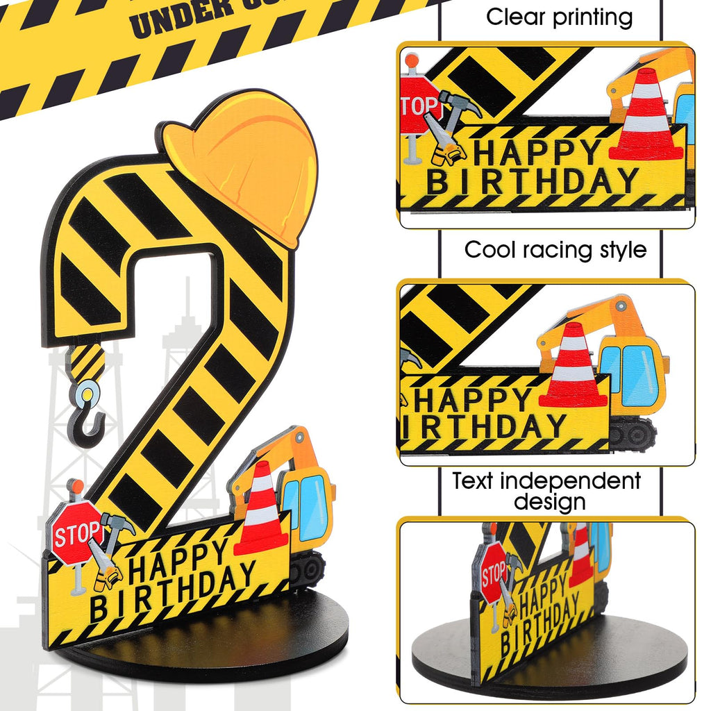 MiniInflat Construction 2nd Birthday Wooden Number Sign Centerpiece with Helmet and Excavator – Yellow