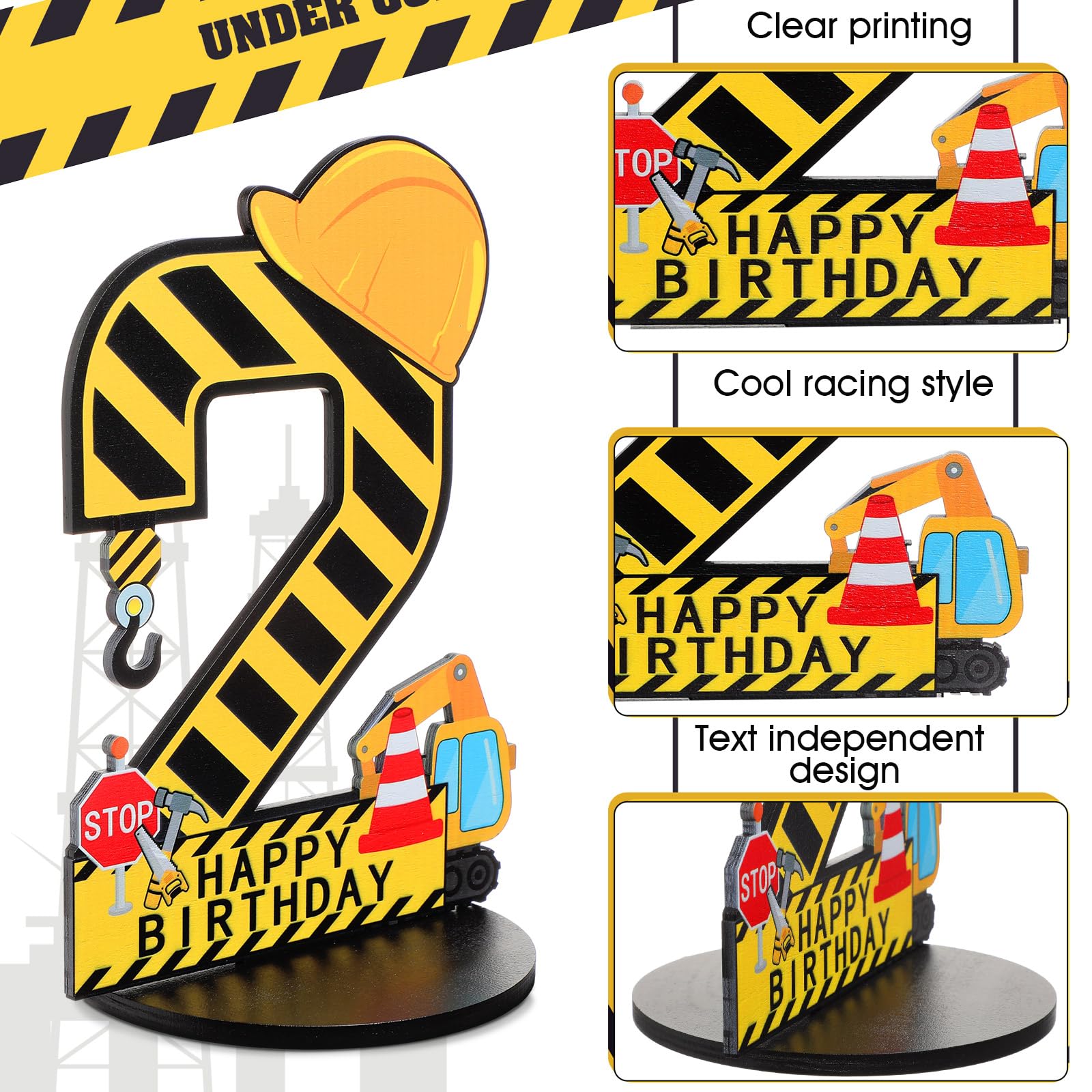 MiniInflat Construction 2nd Birthday Wooden Number Sign Centerpiece with Helmet and Excavator – Yellow