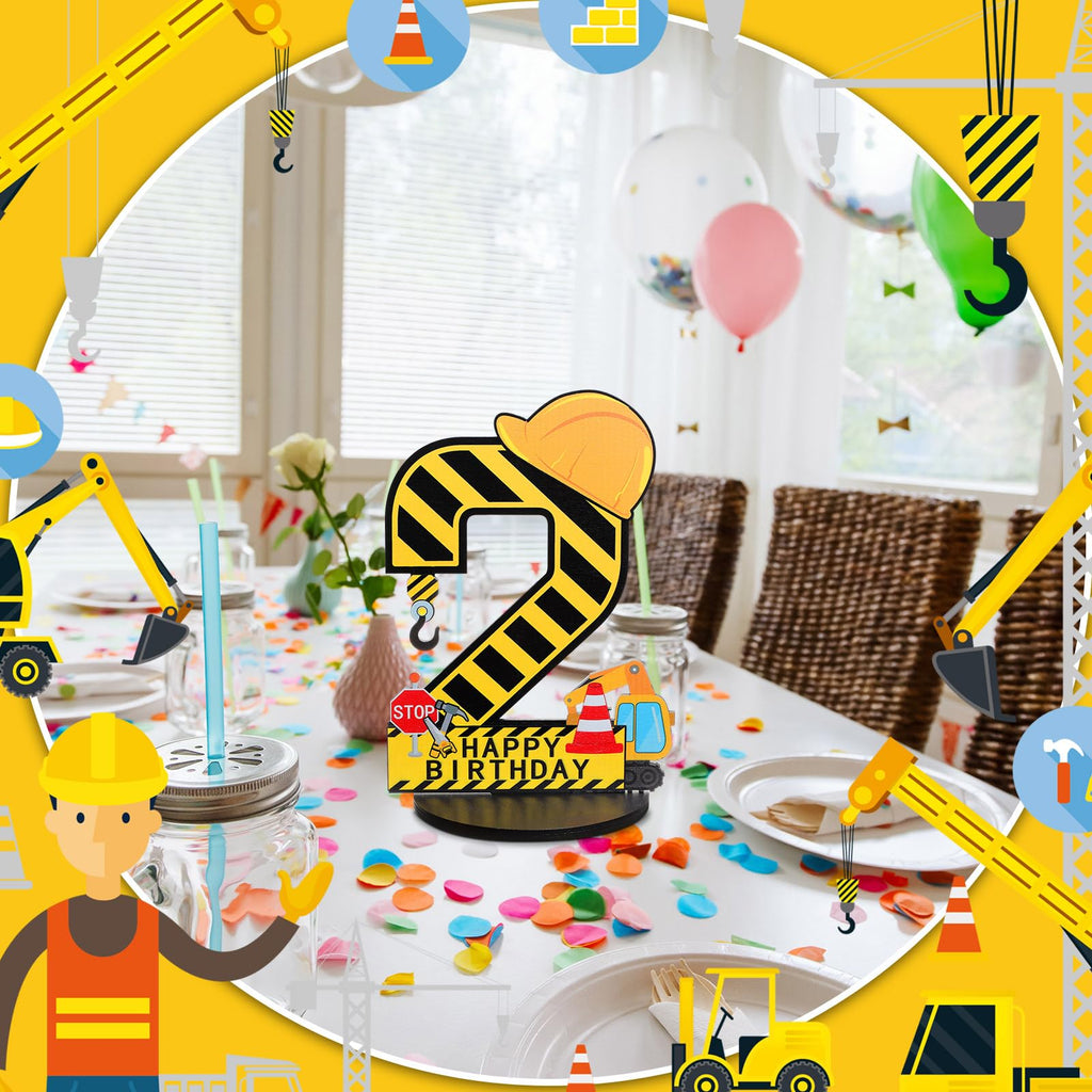MiniInflat Construction 2nd Birthday Wooden Number Sign Centerpiece with Helmet and Excavator – Yellow